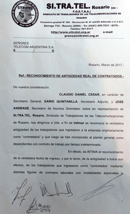 RECLAMAMOS A TELECOM LA ANTIGÜEDAD NO RECONOCIDA DE QUIENES FUERON CONTRATADOS