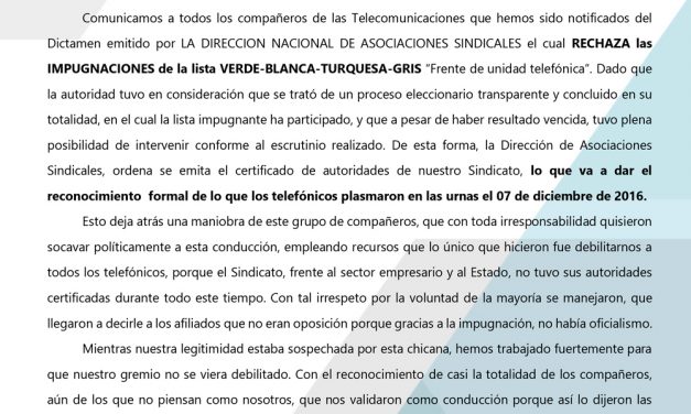 EL MINISTERIO DE TRABAJO RECONOCE LAS AUTORIDADES DE SITRATEL