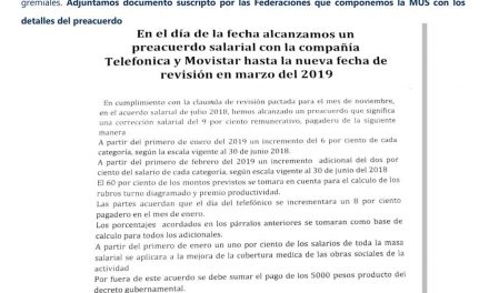 Retransmitimos comunicado de FATTEL – Preacuerdo salarial de la MUS con TASA – Movistar