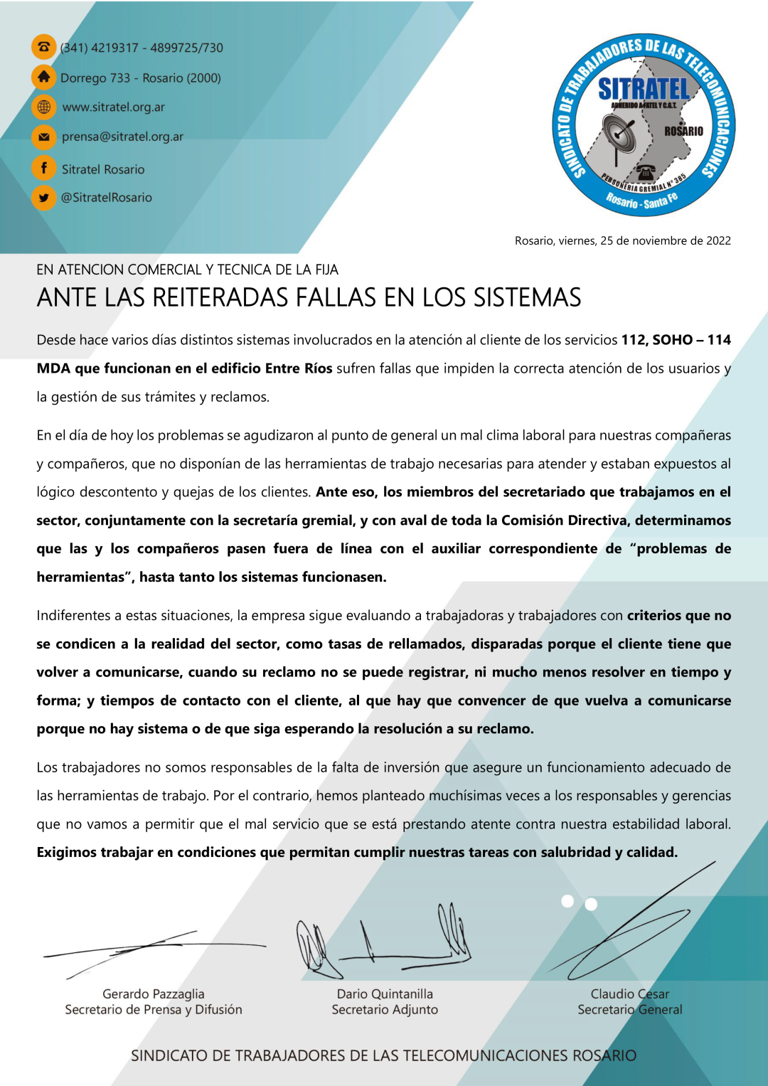 ANTE LAS REITERADAS FALLAS EN LOS SISTEMAS | SI.TRA.TEL
